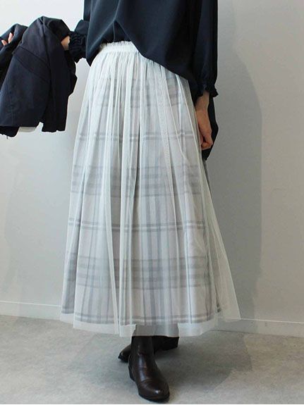 Alinoma】チュール チェック柄 ２WAYギャザースカート 大きいサイズ 