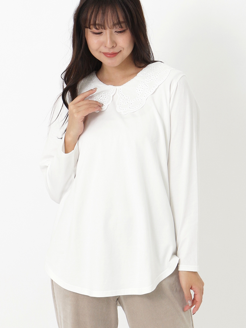 【Alinoma】【LL-3L】付け襟デザインTシャツ 大きいサイズ