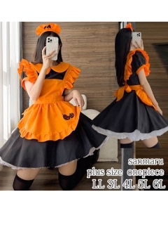 【ハロウィン】オレンジとブラックのハロウィンデザイン！メイドコスプレワンピースセット