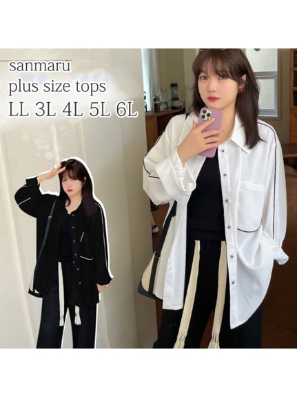 コントラストカラー パイピングデザイン ビッグシルエット シャツ　大きいサイズ レディース（シャツ・ブラウス）sanmaru（サンマル）  02
