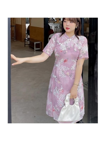 刺繍入りフラワープリント チャイナドレス風フレアワンピース　大きいサイズ レディース（ひざ丈ワンピース）sanmaru（サンマル）  19