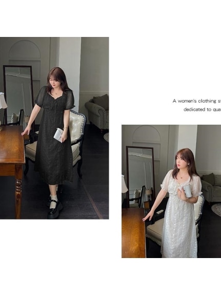 刺繍入りシアーシフォンのロマンチックなエンパイアワンピース　大きいサイズ レディース（パーティドレス・ワンピース）sanmaru（サンマル）  01