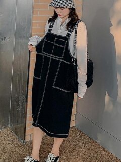 【春新着】【LL-5L】【予約】カラーデニム ホワイトステッチ カーペンタージャンパースカート