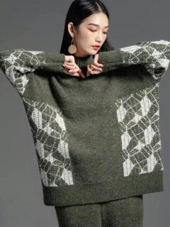 【冬新着】ハイネック 配色模様編み メランジニット プルオーバー セーター