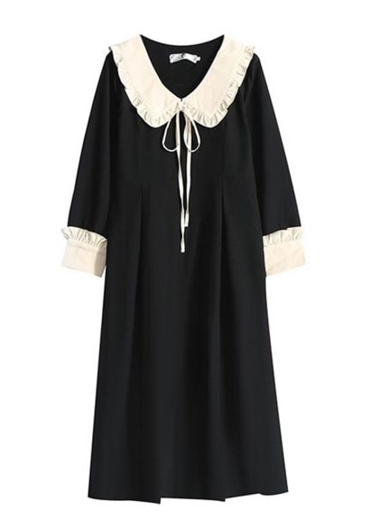 フリル縁取りの襟と袖口がコントラストカラーのブラックワンピース　大きいサイズ レディース（その他ワンピース）sanmaru（サンマル）  08