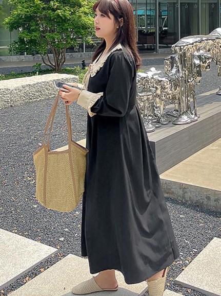 フリル縁取りの襟と袖口がコントラストカラーのブラックワンピース　大きいサイズ レディース（その他ワンピース）sanmaru（サンマル）  10