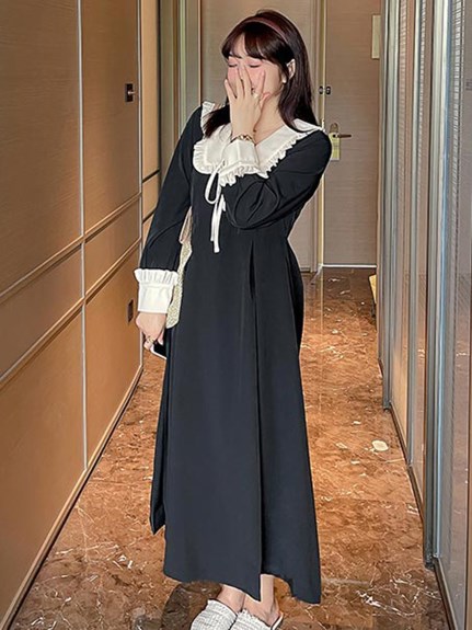 フリル縁取りの襟と袖口がコントラストカラーのブラックワンピース　大きいサイズ レディース（その他ワンピース）sanmaru（サンマル）  13