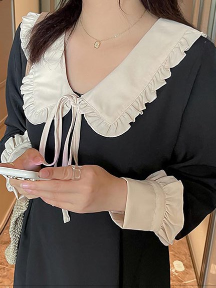 フリル縁取りの襟と袖口がコントラストカラーのブラックワンピース　大きいサイズ レディース（その他ワンピース）sanmaru（サンマル）  15
