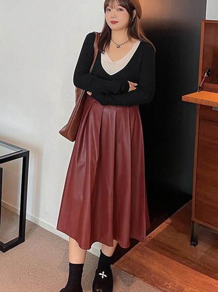 ドレープが美しいPUレザーのミモレ丈プリーツスカート　大きいサイズ レディース（ひざ丈スカート）sanmaru（サンマル）  10