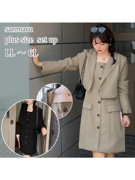 襟付きショート丈ジャケットと肩紐Aラインワンピースのスーツ　大きいサイズ レディース（スーツセット）sanmaru（サンマル）  02