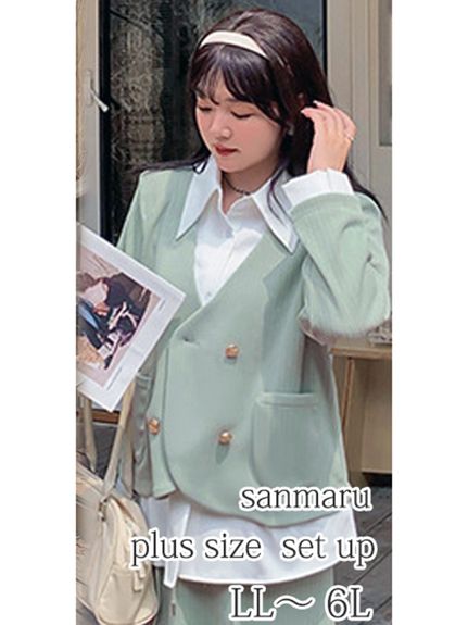 シャツ+ダブルブレストジャケット重ね着風トップスのパンツスーツ 　大きいサイズレディース（スーツセット）sanmaru（サンマル）  02