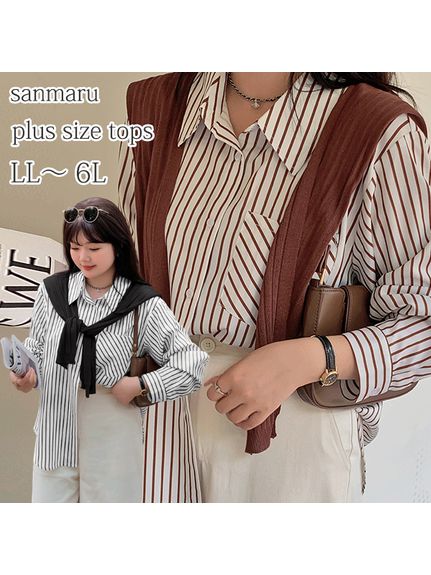 長袖ニットを肩にかけているような個性的なストライプシャツ　大きいサイズレディース（シャツ・ブラウス）sanmaru（サンマル）  02