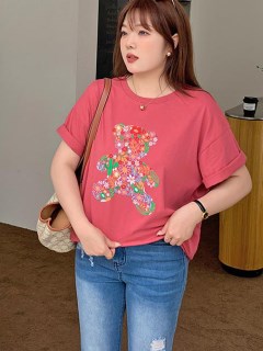 胸のフラワー刺繍こぐま柄シルエットが可愛い！半袖Tシャツ　大きいサイズ レディース