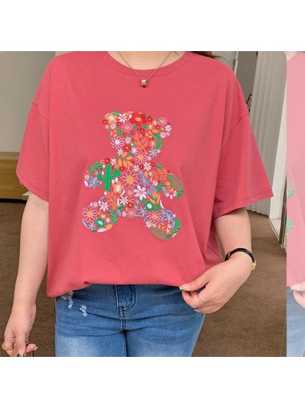 胸のフラワー刺繍こぐま柄シルエットが可愛い！半袖Tシャツ　大きいサイズ レディース（Tシャツ）sanmaru（サンマル）  13