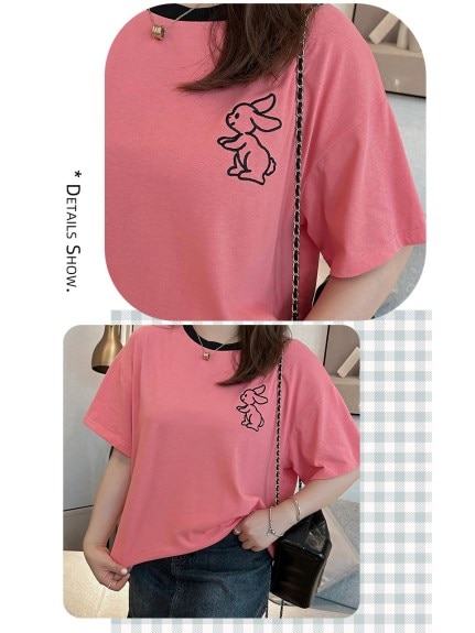 ウサギのワンポイント刺繍が可愛い！半袖コットンリンガーTシャツ　大きいサイズ レディース（Tシャツ）sanmaru（サンマル）  09