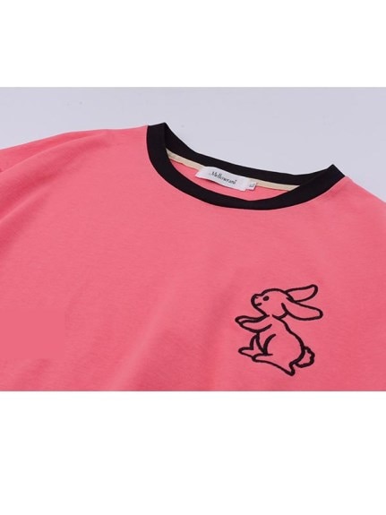 ウサギのワンポイント刺繍が可愛い！半袖コットンリンガーTシャツ　大きいサイズ レディース（Tシャツ）sanmaru（サンマル）  23