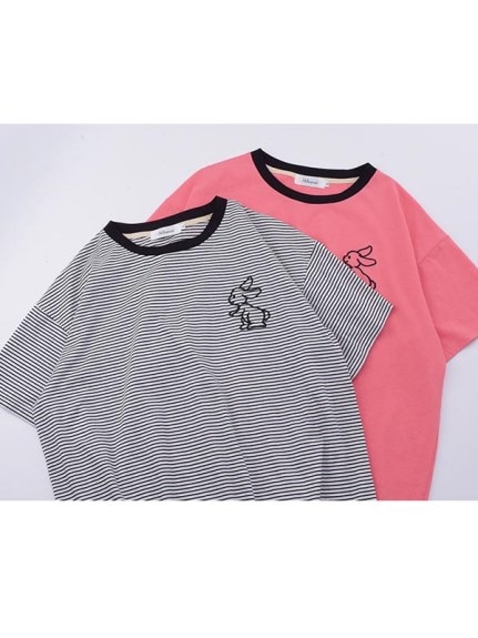 ウサギのワンポイント刺繍が可愛い！半袖コットンリンガーTシャツ　大きいサイズ レディース（Tシャツ）sanmaru（サンマル）  25