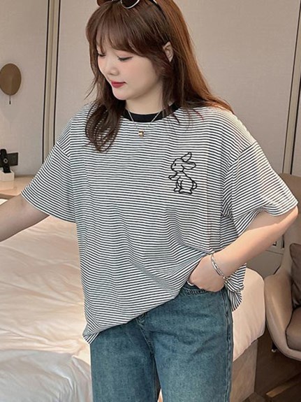 ウサギのワンポイント刺繍が可愛い！半袖コットンリンガーTシャツ　大きいサイズ レディース（Tシャツ）sanmaru（サンマル）  01