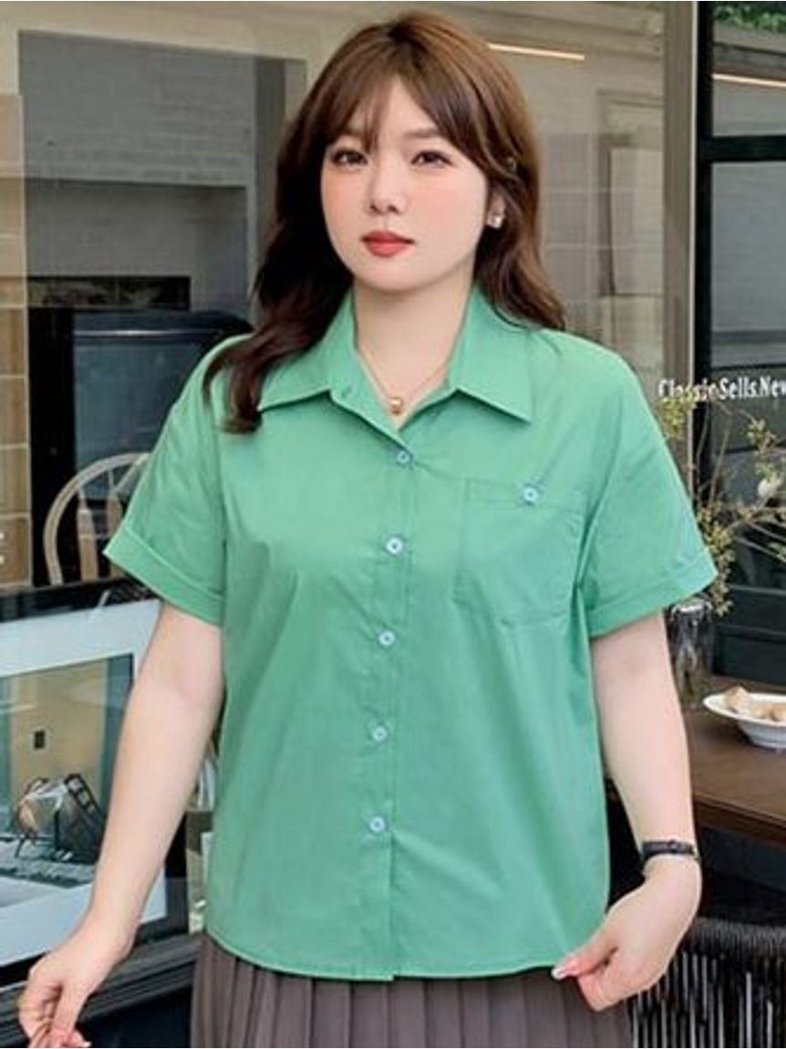 【Alinoma】きれいめカラーのクロップド丈 シンプルな半袖シャツ