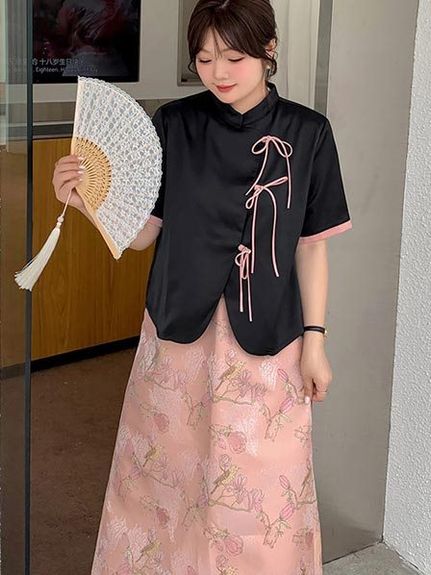 チャイナカラートップス+花柄複合ジャガード Aラインスカートスーツ　大きいサイズ レディース（セットアップ（トップス＆ボトム））sanmaru（サンマル）  01