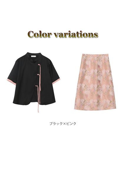 チャイナカラートップス+花柄複合ジャガード Aラインスカートスーツ　大きいサイズ レディース（セットアップ（トップス＆ボトム））sanmaru（サンマル）  15