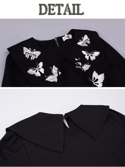 大きな三角形の襟に蝶々の刺繍入り！フェミニンなフレアワンピース　大きいサイズ レディース（ひざ丈ワンピース）sanmaru（サンマル）  10