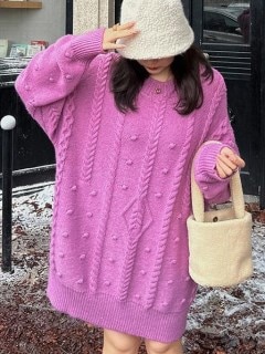 【L-5L】ワンピとしても着られる！模様編み ニットプルオーバー セーター　大きいサイズ レディース