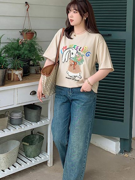 カラフルポップなロゴ＆うさぎ刺繍ヴィンテージライクな半袖Tシャツ　大きいサイズ レディース（Tシャツ）sanmaru（サンマル）  10