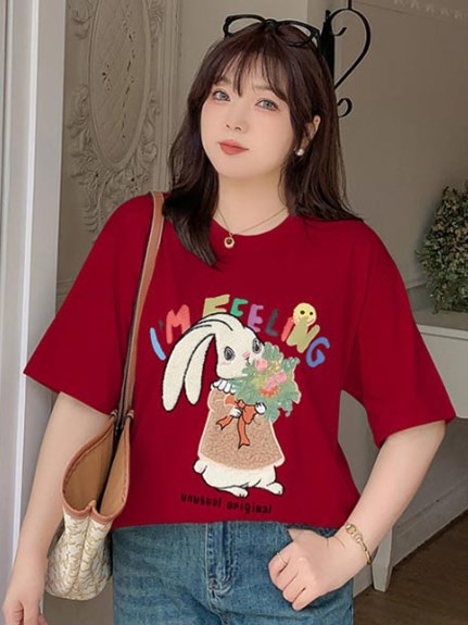カラフルポップなロゴ＆うさぎ刺繍ヴィンテージライクな半袖Tシャツ　大きいサイズ レディース（Tシャツ）sanmaru（サンマル）  18