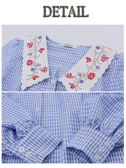 Alinoma】レトロな草花刺繍白襟でギンガムチェックのシャツブラウス 