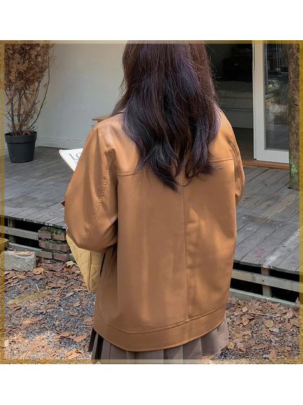 上質なエコレザーのショート丈 襟付き シャツジャケット　大きいサイズレディース（ブルゾン・ジャンパー・ライダース）sanmaru（サンマル）  15