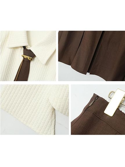 ネクタイ付きシャツ+プリーツスカートのブレッピー風セットアップ　大きいサイズレディース（セットアップ（トップス＆ボトム））sanmaru（サンマル）  14