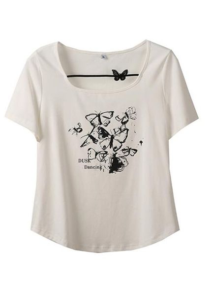 バタフライプリント＆モチーフのガーリーデザイン 半袖Ｔシャツ（Tシャツ）sanmaru（サンマル）  01