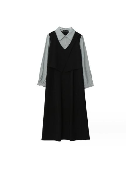 コントラストカラー のシャツ+ジャンパースカート重ね着風デザイン　大きいサイズレディース（ロング・マキシ丈ワンピース）sanmaru（サンマル）  12