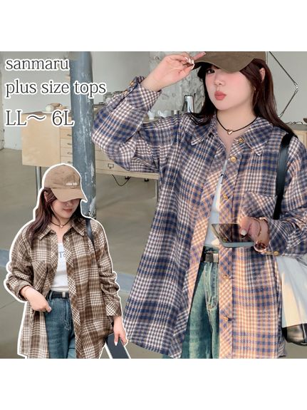 リラクシーでハンサムライク オーバーサイズのチェック柄長袖シャツ　大きいサイズレディース（シャツ・ブラウス）sanmaru（サンマル）  02