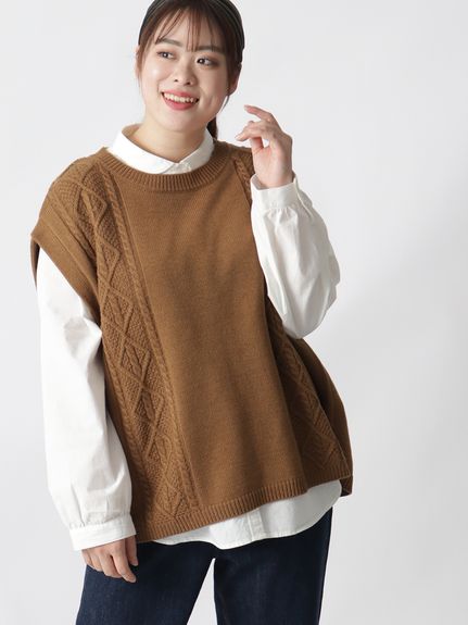 【色: ベージュ】[グリーンティー] ニットベスト セーター ゆったり 大きいサ
