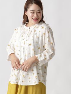 【SAREGA】刺繍花柄フリルシャツ　大きいサイズ レディース