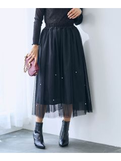 大きいサイズ パール調ビジュー付チュールスカート【Hana服】