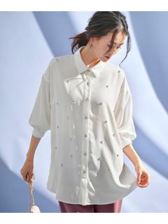 大きいサイズ ビジュー付7分袖ロングシャツ【Hana服】