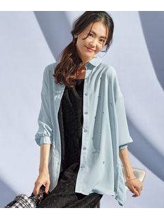 大きいサイズ ビジュー付7分袖ロングシャツ【Hana服】