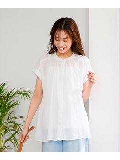 大きいサイズ　綿混涼やかフレンチスリーブギャザーシャツ（透け素材）