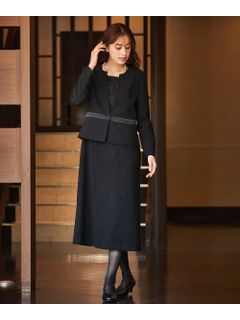 【大きいサイズ / 喪服・礼服】洗える防しわストレッチロング丈前開きワンピースアンサンブル（ノーカラージャケット＋レース使い前開きワンピース）