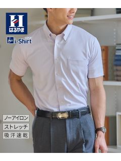 【大きいサイズ/メンズ】ノーアイロン半袖ストレッチiシャツ　ドビーストライプアイシャツ（ボタンダウン）