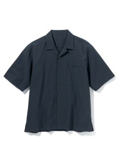 吸汗速乾シアサッカーオーバーサイズオープンカラー5分袖ストレッチシャツ（セットアップ可能）