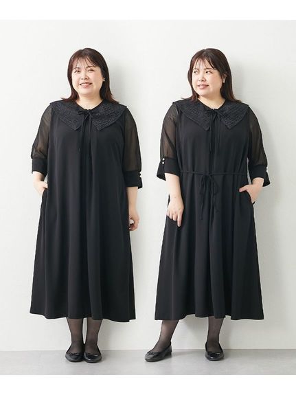 【大きいサイズ / 喪服・礼服】洗える防しわフロント切替リボンベルトワンピース 〔Neina〕（ブラックフォーマル・礼服・喪服 ワンピース（単品））Neina（ネイナ）  24