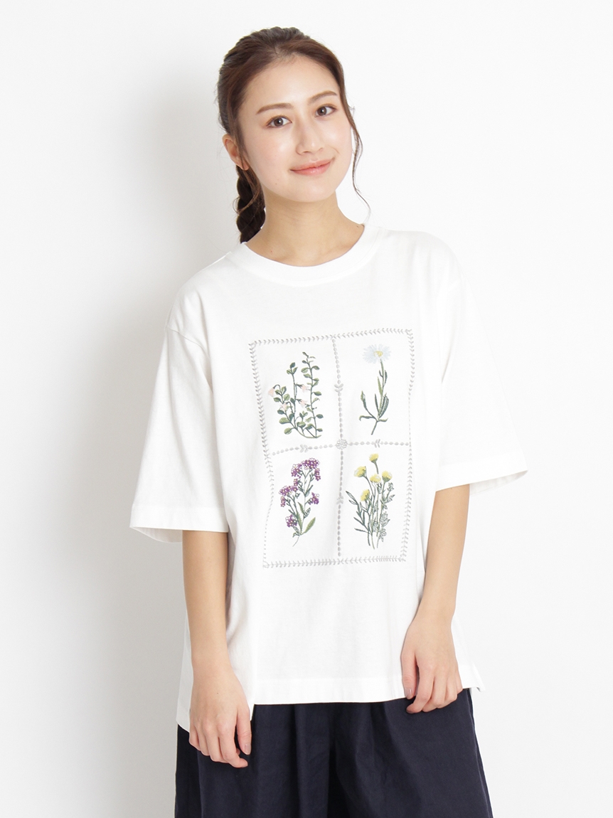 Alinoma】[大きいサイズ][15号 19号]プレイリーフラワー刺繍Tシャツ 
