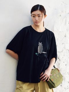 [大きいサイズ][15号 19号 ]SUPER HAKKA×椎木彩子「猫と、花」プリントドルマンTシャツ