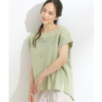 【洗える/S-LL】レース使いが華やか フレンチスリーブコットンTシャツ