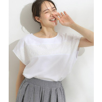 【洗える/S-LL】レース使いが華やか フレンチスリーブコットンTシャツ