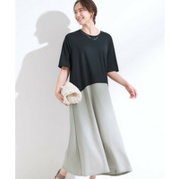 【S-LL/ひんやり/体型カバー】さらりと着られる バイカラーAラインワンピース